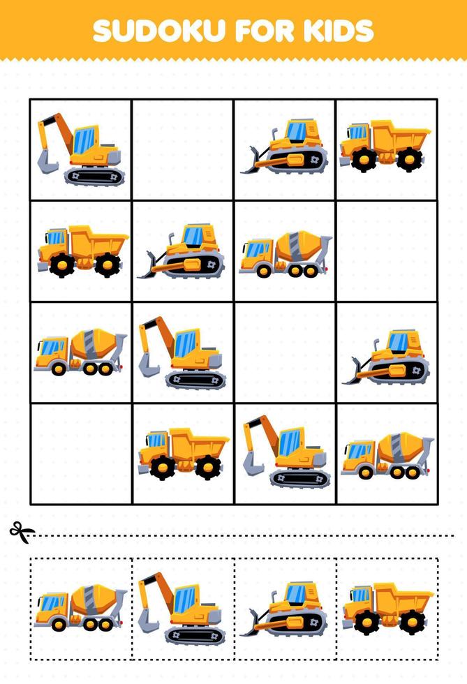 gioco educativo per bambini sudoku per bambini con immagine di trasporto di macchine pesanti gialle cartoni animati vettore