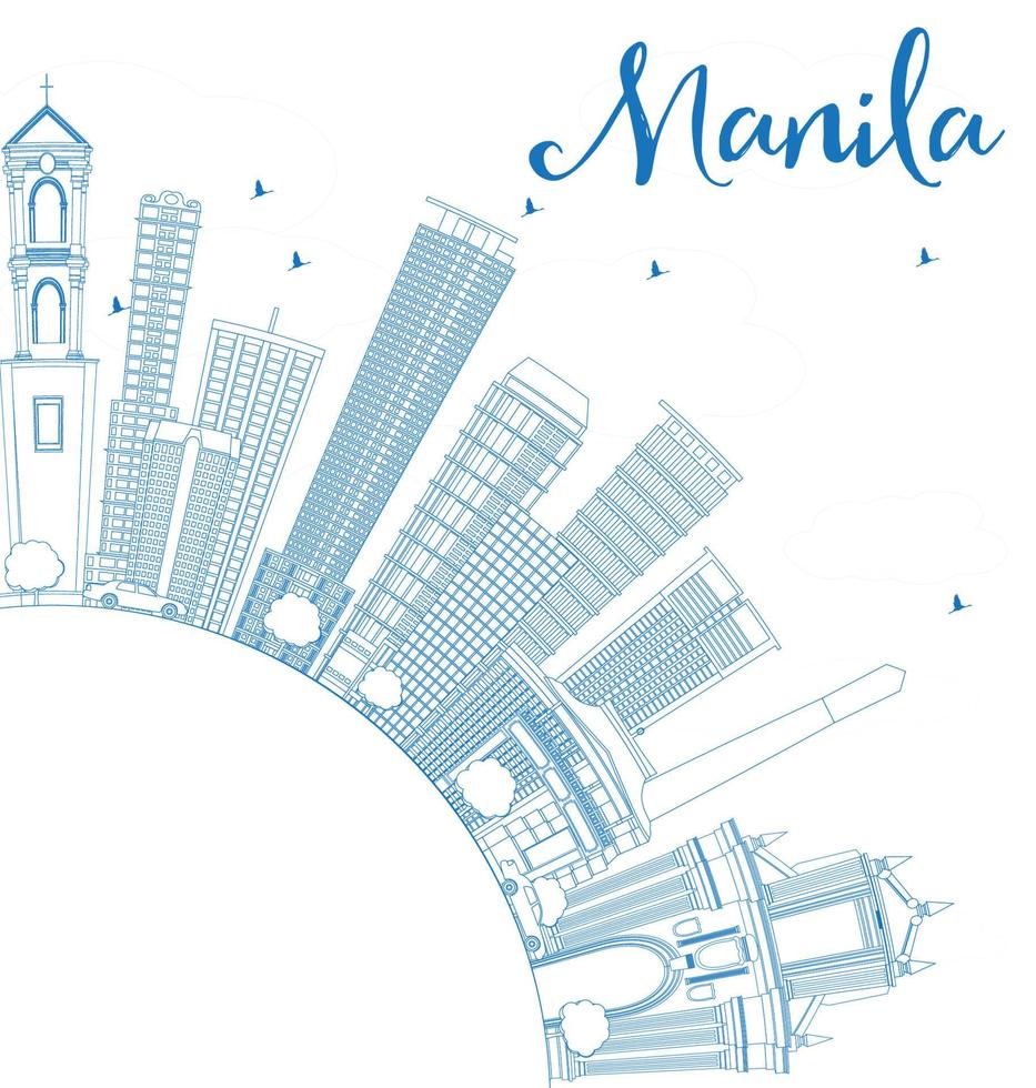 delineare lo skyline di manila con edifici blu. vettore