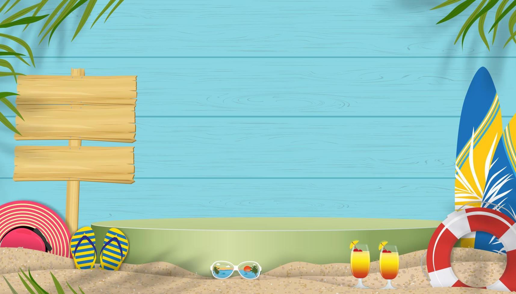 sfondo estivo con tema vacanza vacanza al mare con copia spazio sulla parete di legno blu, vettore banner 3d con podio mockup design estivo con ombra di foglia di palma da cocco su tavola di legno texture