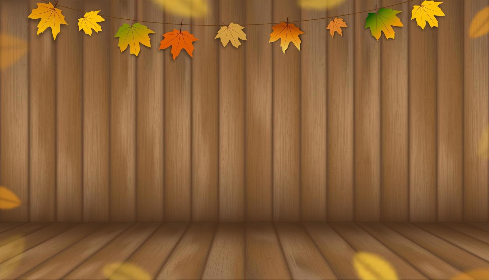 foglia d'autunno appesa su sfondo di legno marrone, illustrazione vettoriale 3d studio room con prospettiva calda pavimento in legno texture.fall sullo sfondo banner con foglie colorate su pannello a parete in legno