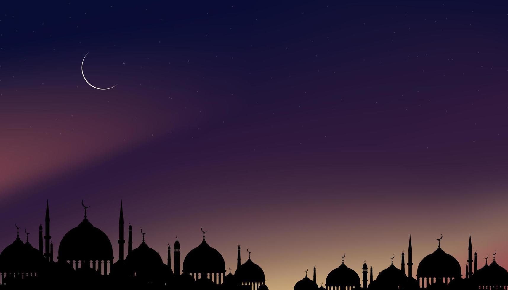 carta eid mubarak, moschee a cupola silhouette di notte con luna crescente, cielo blu scuro, sfondo banner vettoriale per religioni islamiche, eid al-adha, eid al-fitr, felice muharram, capodanno islamico