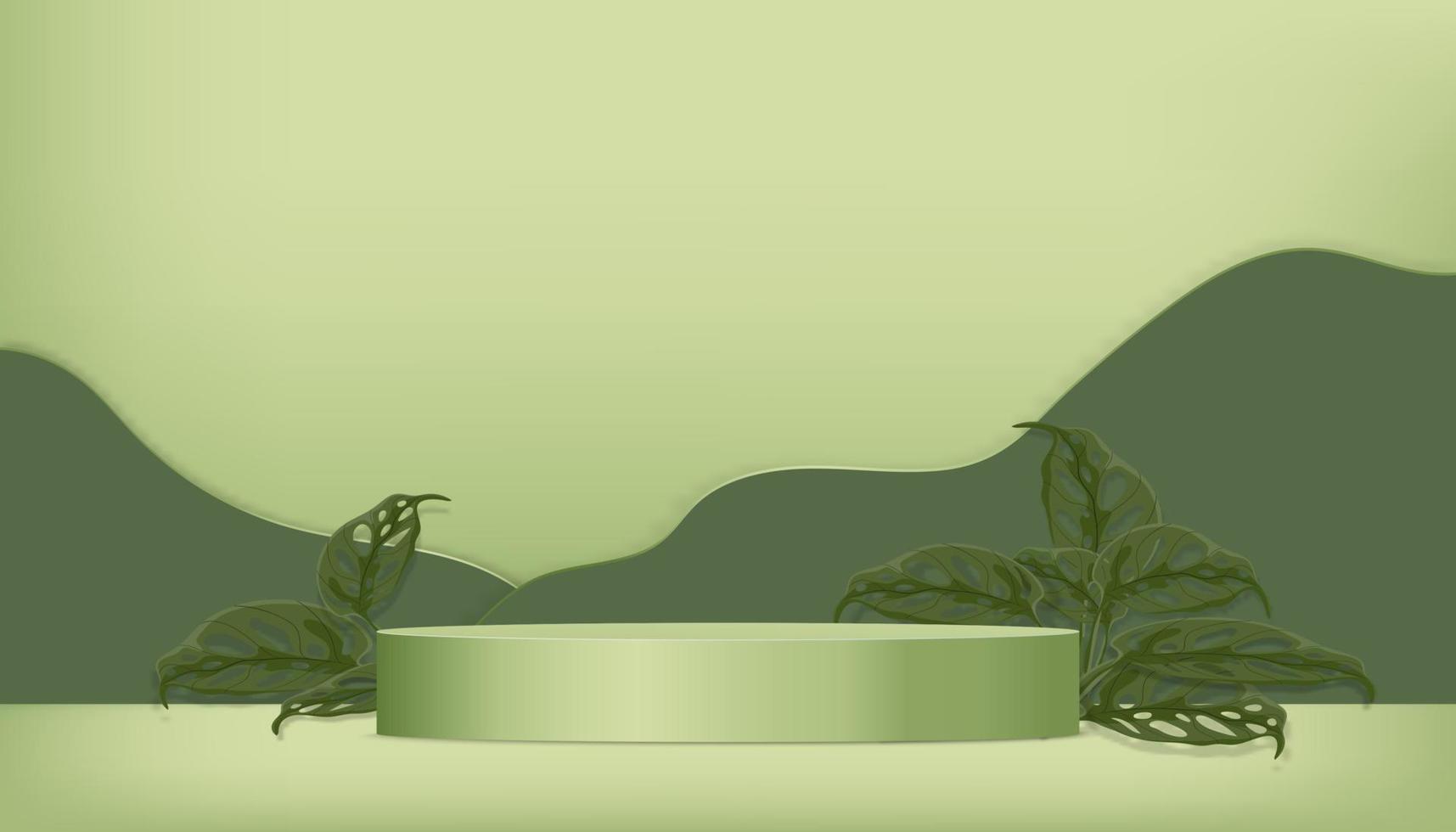 sala studio con podio cilindrico 3d, foglie tropicali su sfondo verde parete, illustrazione vettoriale banner sullo sfondo minimo per la presentazione del prodotto, promozione, mockup su saldi primaverili o estivi
