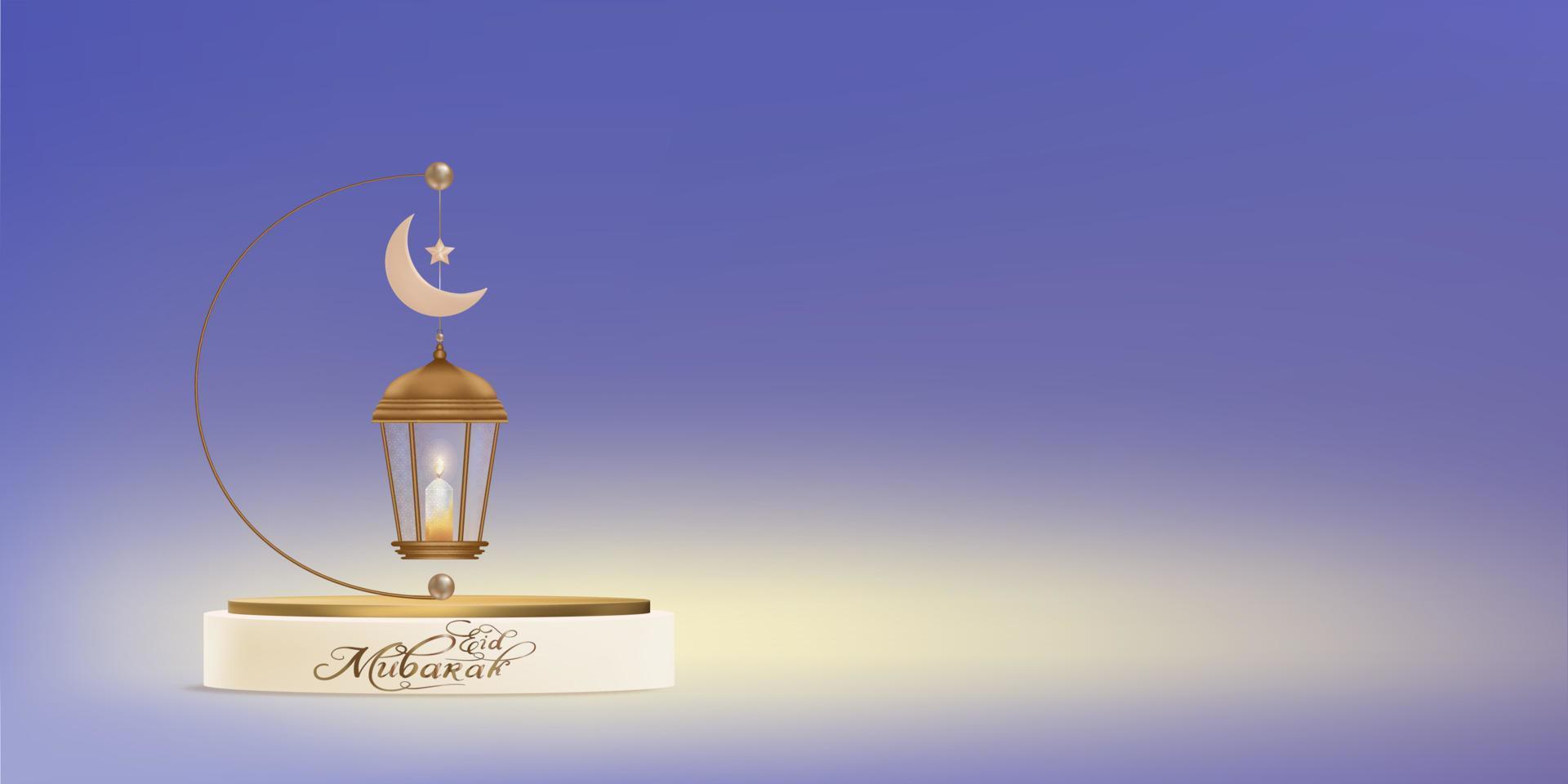 sala studio podio 3d con lanterna islamica tradizionale, candela, luna crescente e stella appesi su sfondo viola, sfondo vettoriale di religioni simboliche per eid mubarak, eid al fitr, ramadan kareem