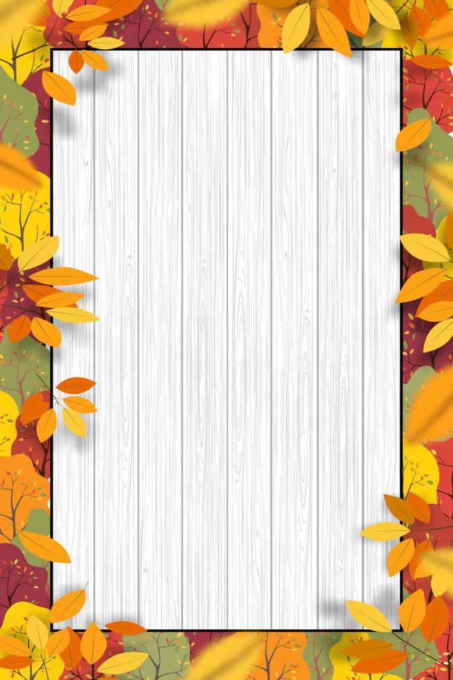 sfondo autunnale con struttura in legno bianco e grigio su albero di foresta autunnale multicolore, illustrazione vettoriale sfondo stagione autunnale banner verticale per biglietto di ringraziamento, vendita o promozione