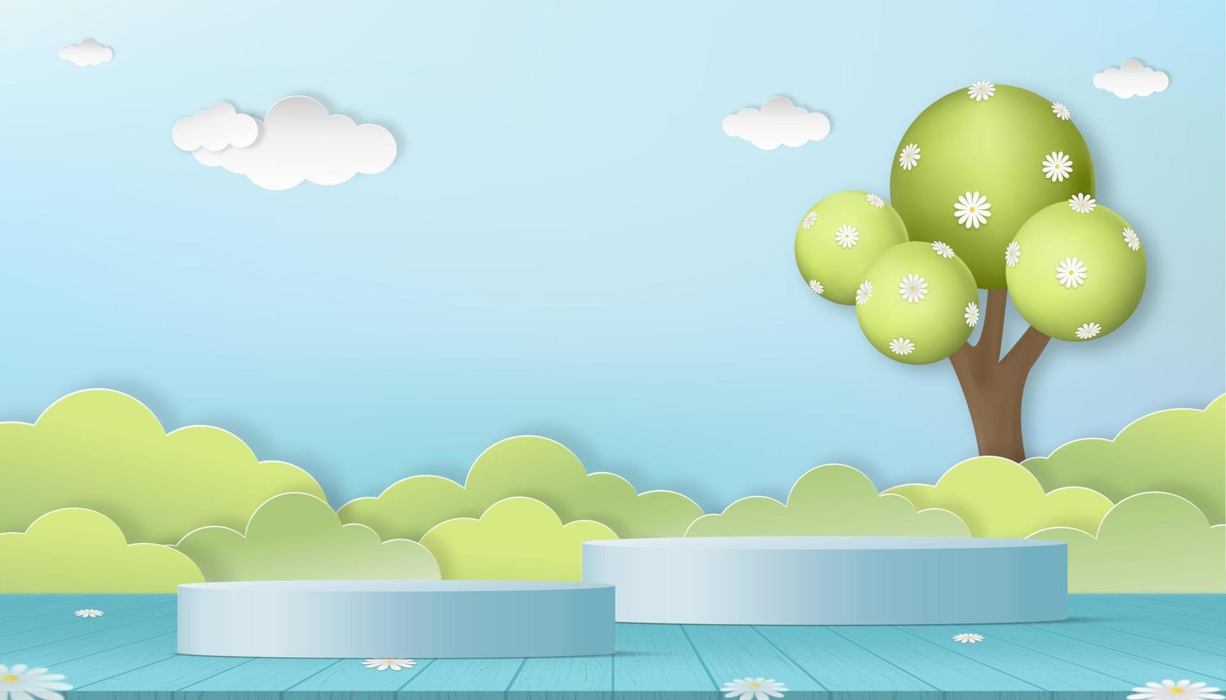 sfondo primaverile 3d podio cilindro verde, fiore sbocciato sull'albero, strato di foresta tagliato su carta con nuvole e sfondo blu cielo, illustrazione vettoriale sfondo banner scena naturale per pasqua o estate