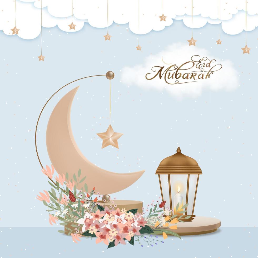 eid mubarak saluto design con luna crescente e stella appesa su lanterna araba, bouquet di fiori su sfondo beige, carta vettoriale della religione dei musulmani per eid al fitr, ramadan kareem, eid al adha