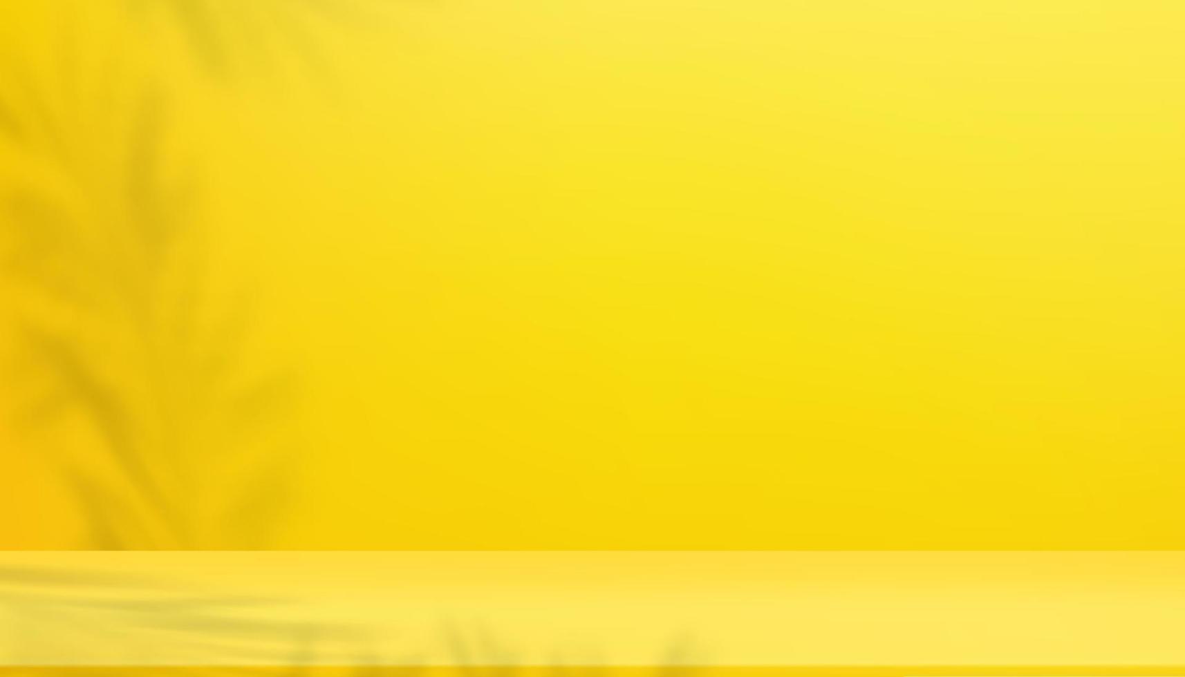Sfondo sfumato giallo 3d, scena della stanza studio con ombra di foglia di palma sulla parete. illustrazione vettoriale Banner sullo sfondo 3d in design minimale per cosmetici, mockup vetrina per saldi primaverili, estivi o promozione