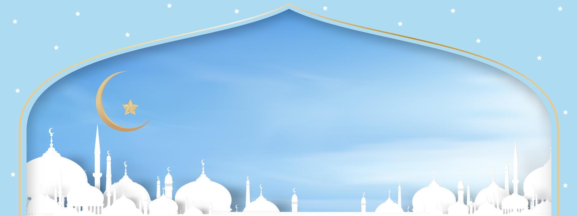 eid al-adha banner moschea finestra con falce di luna, stella su sfondo blu cielo, illustrazione vettoriale carta tagliata religioni islamiche, sfondo per la religione islamica, eid mubarak, eid al fitr, ramadan kareem