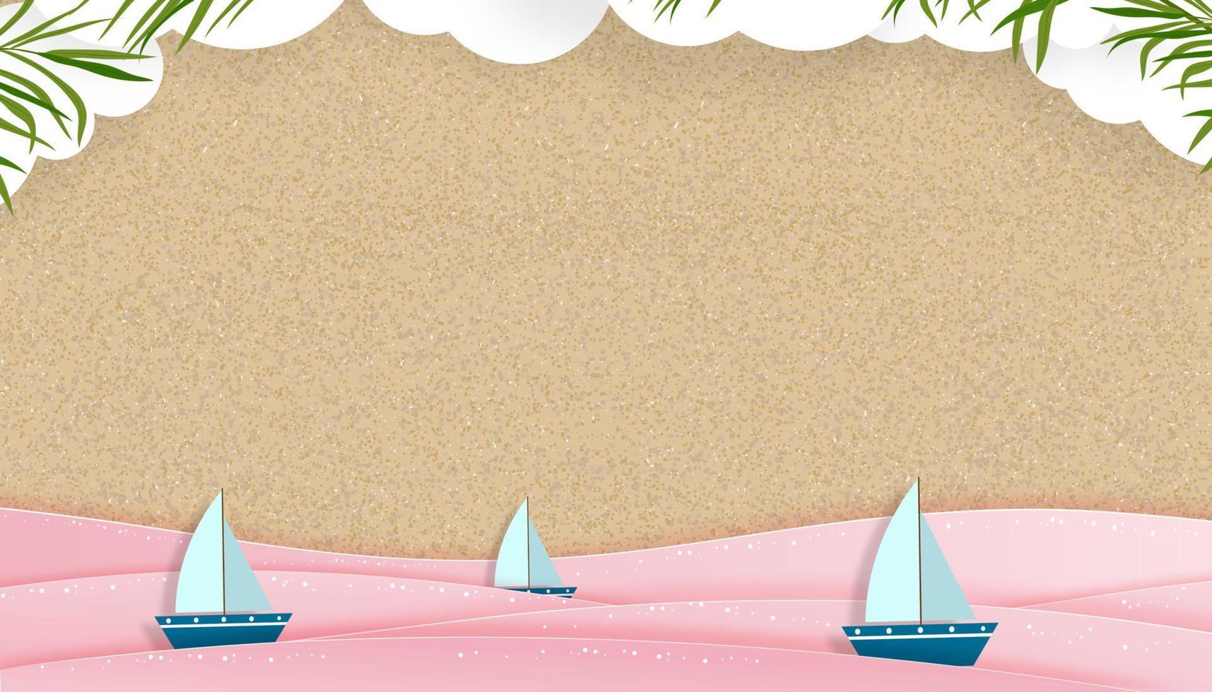 sfondo estivo piatto con nuvole bianche origami, barca a vela nell'onda rosa dell'oceano sulla spiaggia di sabbia, illustrazione vettoriale carta stile arte tropicale elemento di design estivo per vacanze estive, viaggi, vendita