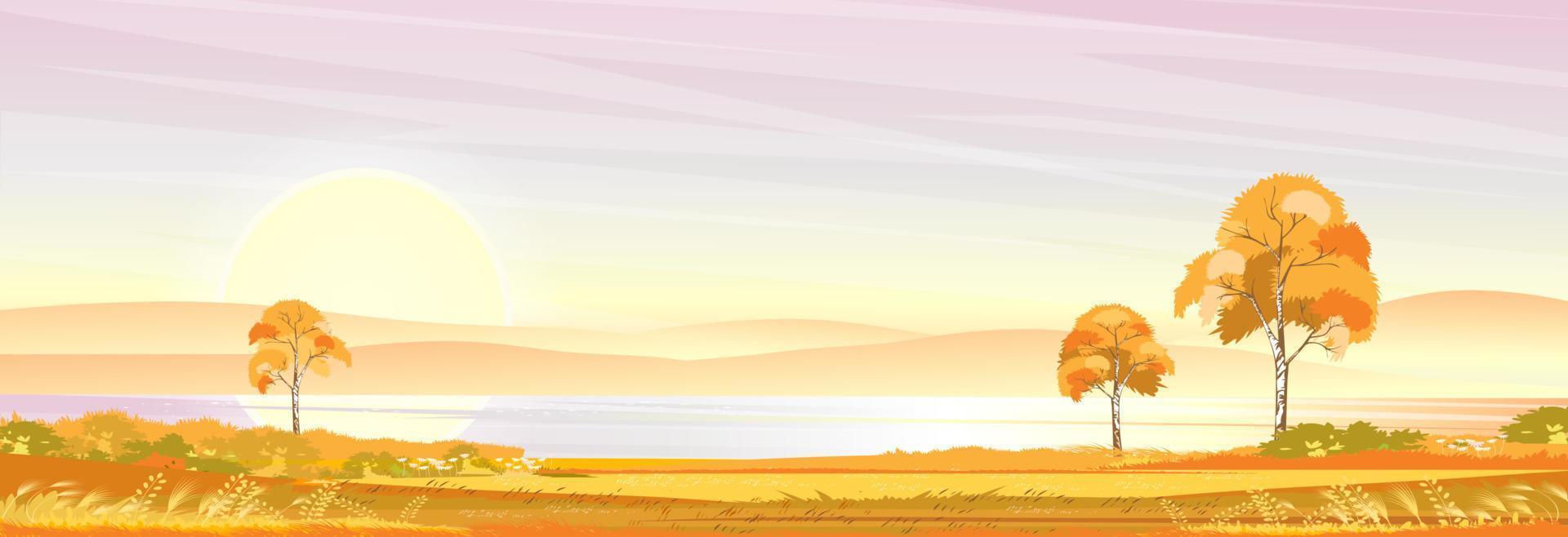 paesaggio autunnale al villaggio in riva al lago con campo in erba, montagna, cielo rosa e nuvole, vettore natura cartone animato scenario scenario della stagione autunnale, campagna rurale panoramica sul fiume con tramonto in serata