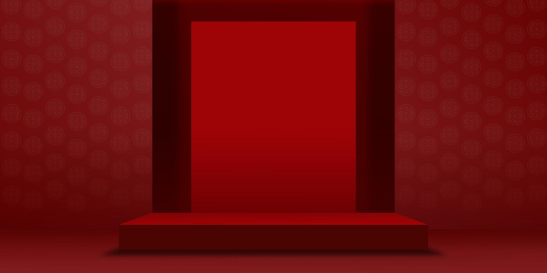 sfondo del capodanno cinese, podio della sala studio con carta lunare tagliata su sfondo rosso della parete, illustrazione vettoriale 3d galleria vuota con espositore o scaffale, design banner per la presentazione dei prodotti