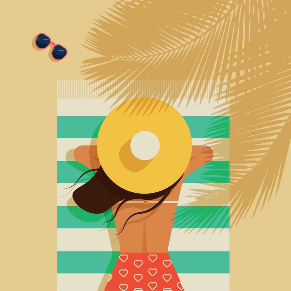 ragazza che prende il sole in estate sulla spiaggia con un cappello sotto una palma vettore