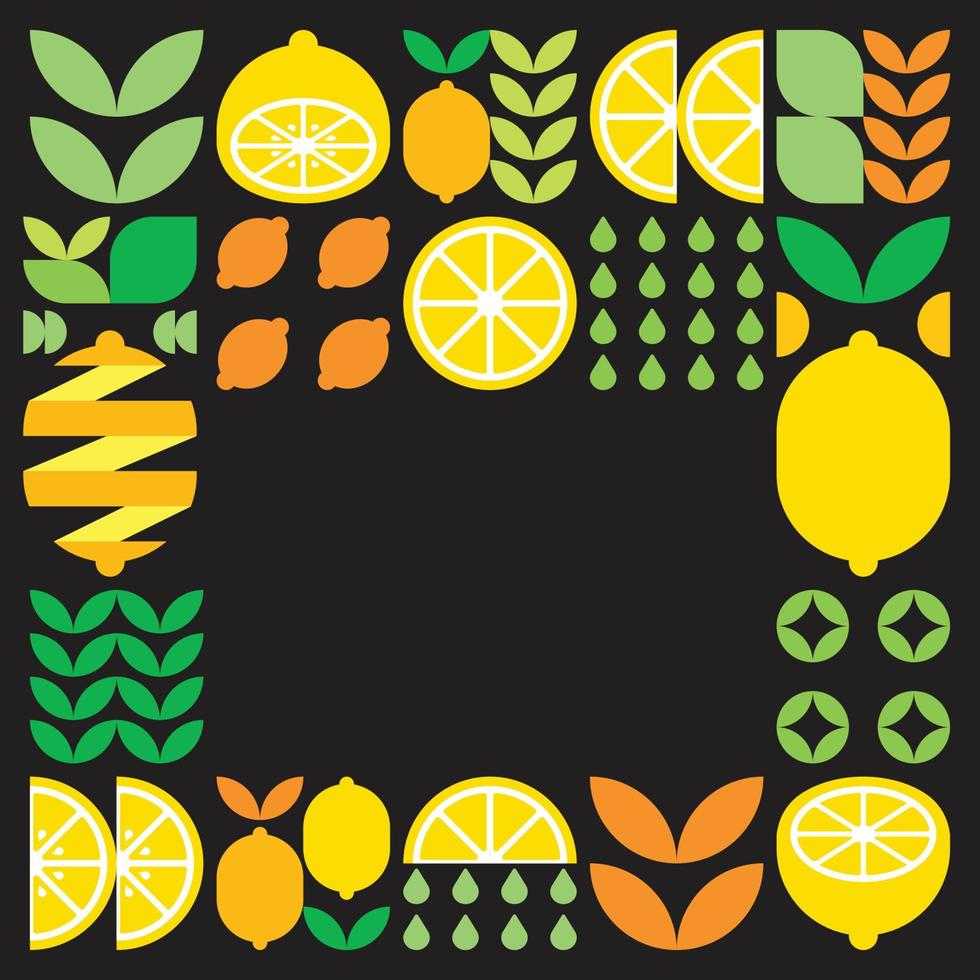 cornice vettoriale piatta minimalista, simbolo dell'icona di frutta al limone. semplice illustrazione geometrica di agrumi, arance, limonata e foglie. modello astratto su sfondo nero. per spazio di copia, post sui social media.