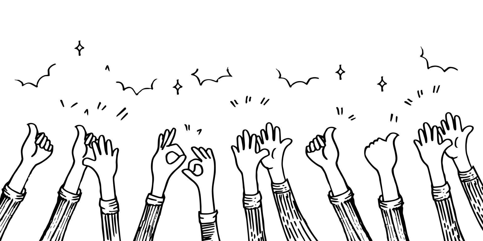 disegnato a mano di mani che applaudono l'ovazione. applausi, gesto delle mani su stile doodle, illustrazione vettoriale