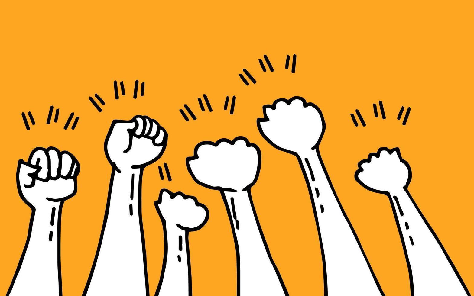 scarabocchiare le mani in alto. pugno, simbolo di protesta, segno di alimentazione in stile cartone animato. illustrazione vettoriale