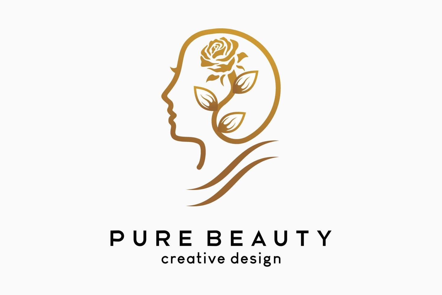 semplice ed elegante logo femminile per beauty business, fiori e foglie abbinato a testa da donna in fantasia line art vettore