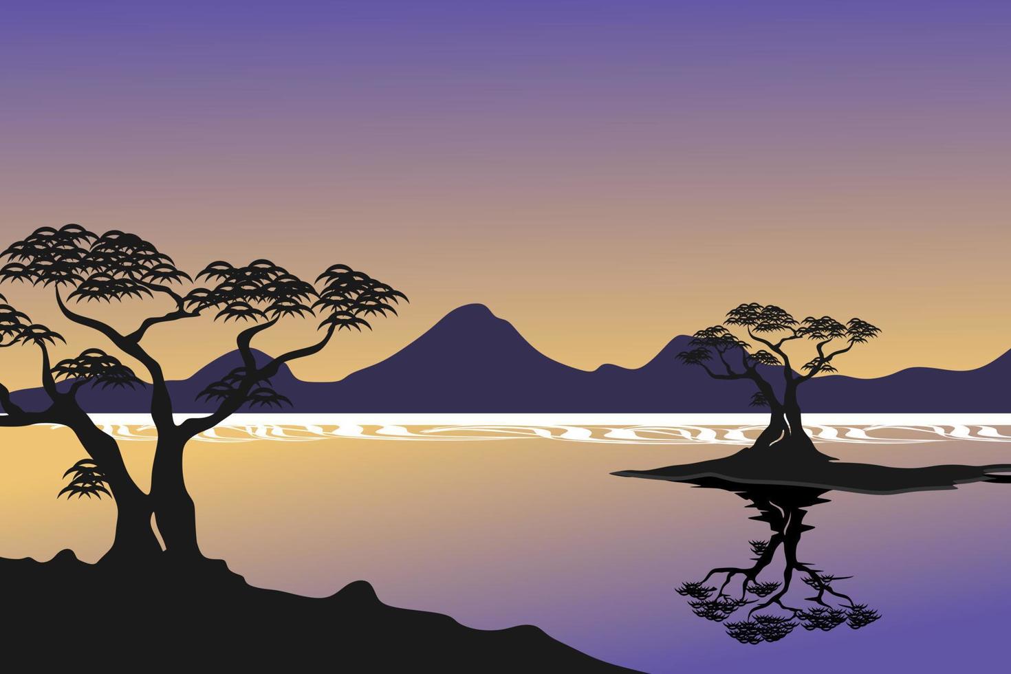 paesaggio panoramico della spiaggia con silhouette di alberi di mangrovie in colori pastello vettore