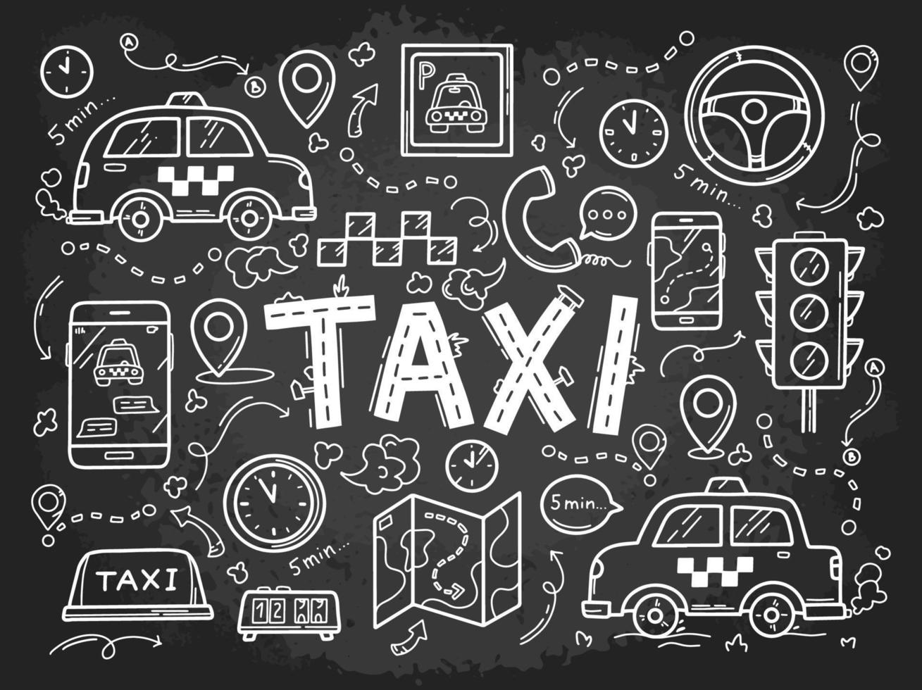 taxi, taxi e automobili disegnati a mano vettore icone gesso impostate sulla lavagna in stile schizzo doodle. semaforo, navigazione e segnaletica. sfondo nero