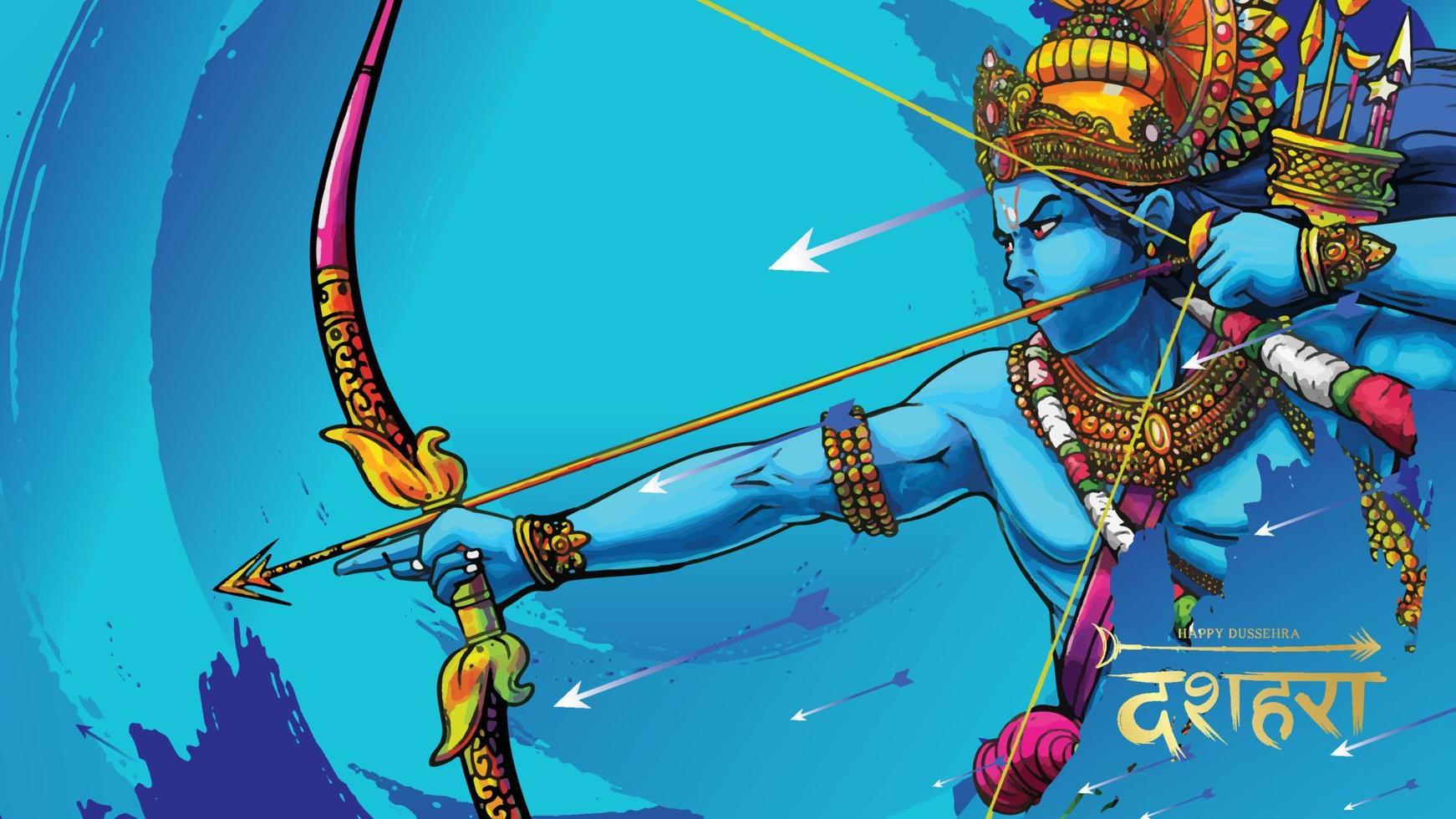 Lord rama uccide ravana nel felice festival del poster di dussehra navratri dell'india. traduzione dussehra vettore