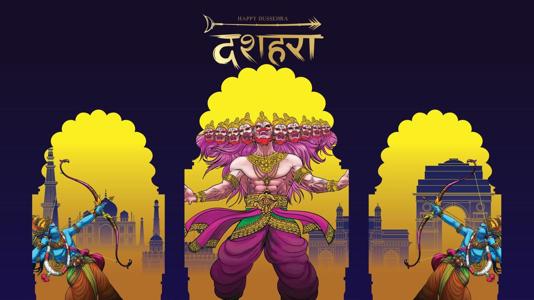 Lord rama uccide ravana nel felice festival del poster di dussehra navratri dell'india. traduzione dussehra vettore