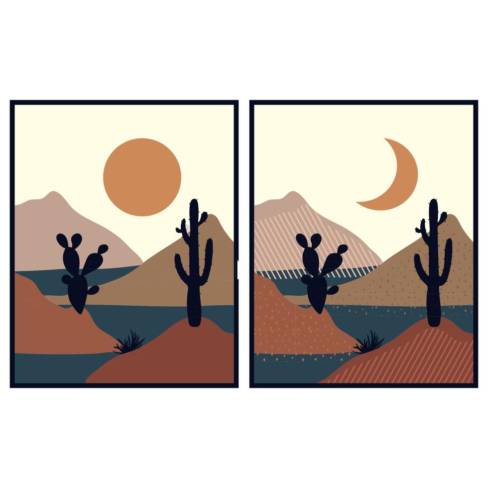 paesaggio desertico con cactus e montagna al tramonto vettore