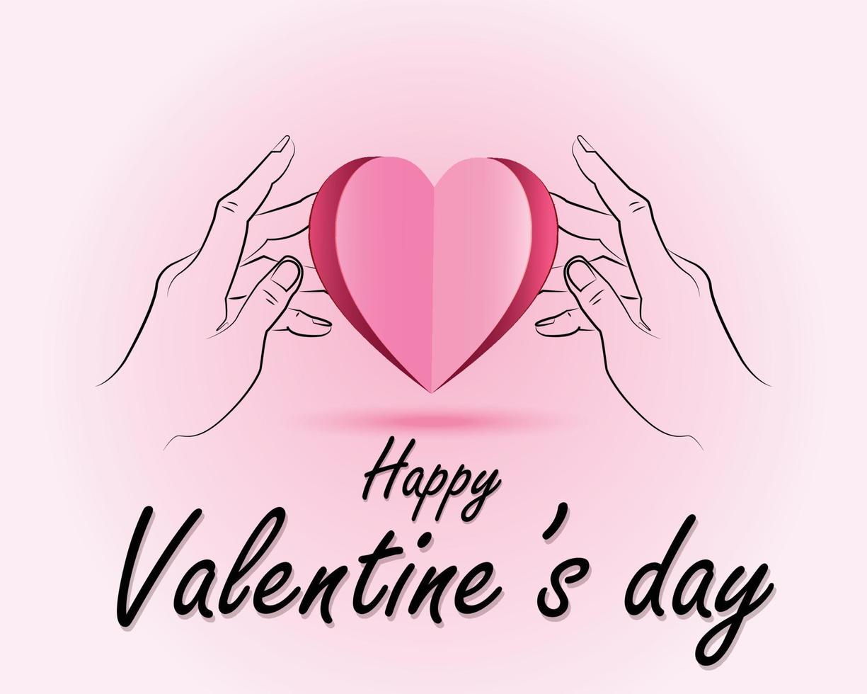 sfondo di San Valentino con messaggio di saluto, disposizione di due mani che tengono la carta tagliata a forma di cuore rosa, illustrazione vettoriale di San Valentino, concetto di amore e amore