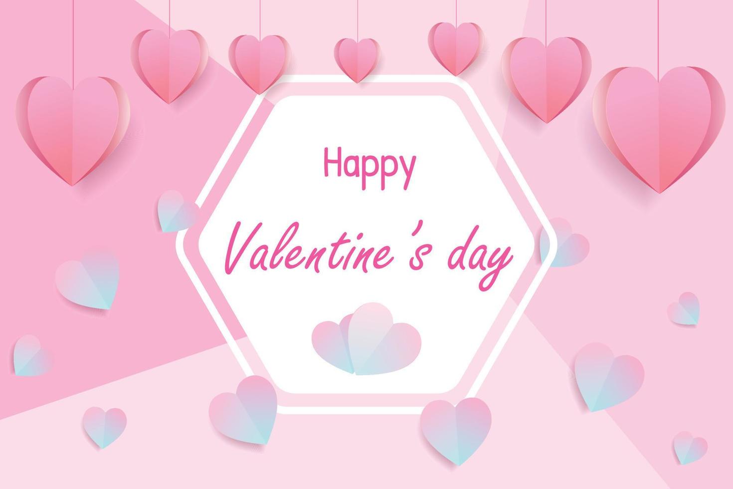 sfondo del concetto di san valentino. illustrazione vettoriale. dolci cuori rossi e rosa tagliati in carta con cornice esagonale bianca. banner di vendita di amore carino o biglietto di auguri vettore