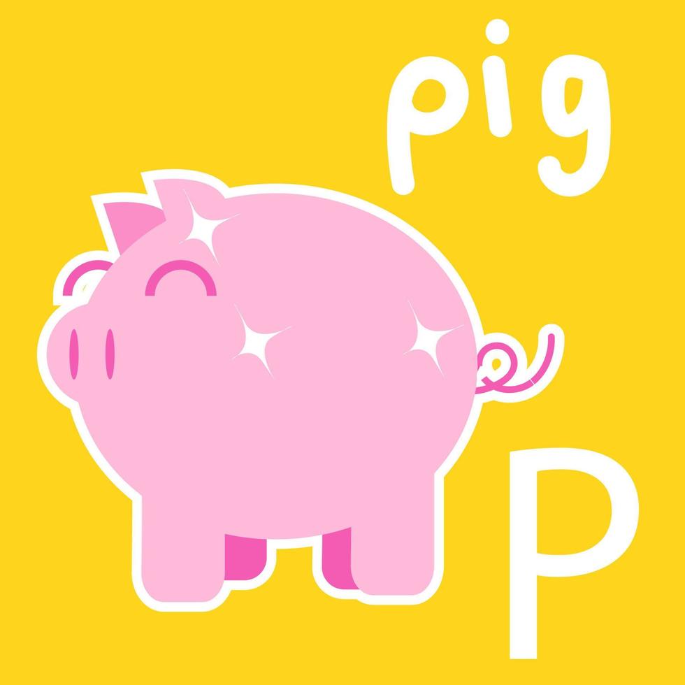 illustrazione dell'alfabeto, una lettera p bianca e un maiale rosa. stile vettoriale cartone animato per il tuo design.