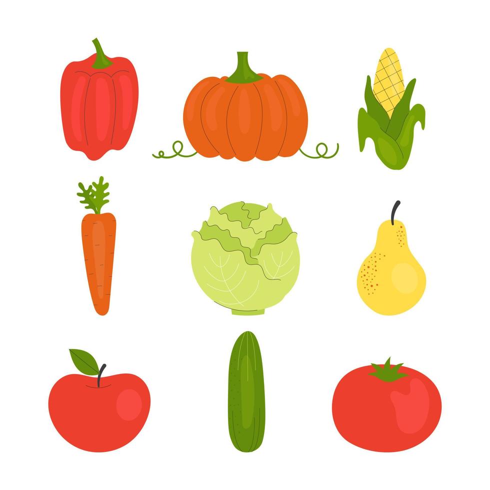 set di frutta e verdura. cibo vegetariano sano, cibi genuini, vitamine. illustrazione in stile piatto. vettore