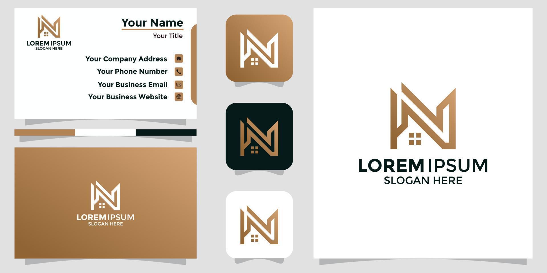 design minimalista del logo n combinazione con la casa e la carta di branding vettore