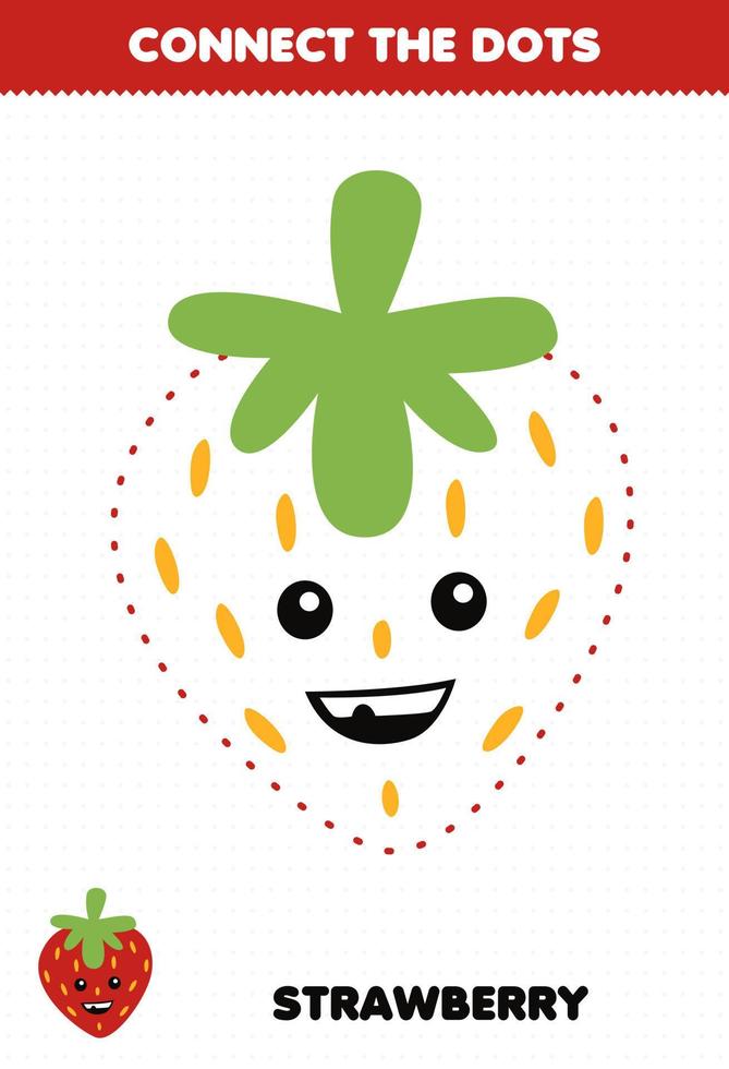 gioco educativo per bambini collega la pratica della scrittura a mano dei punti con il simpatico personaggio dei cartoni animati di frutta fragola vettore