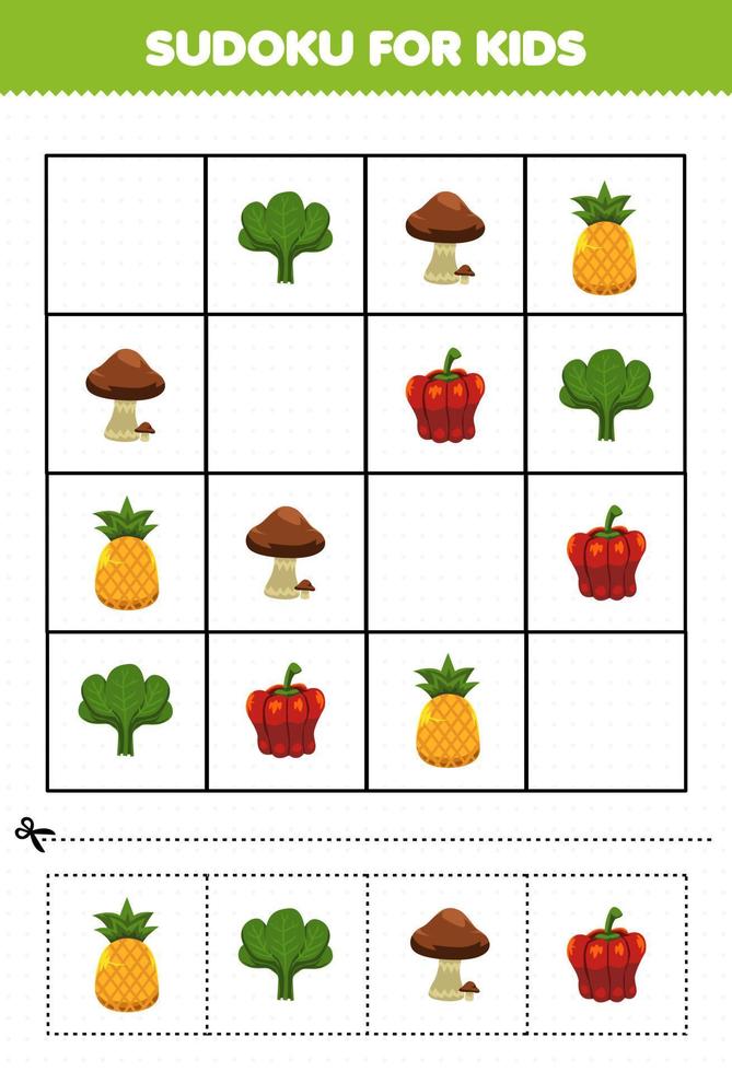 gioco educativo per bambini sudoku per bambini con cartone animato frutta e verdura spinaci funghi ananas paprika immagine vettore