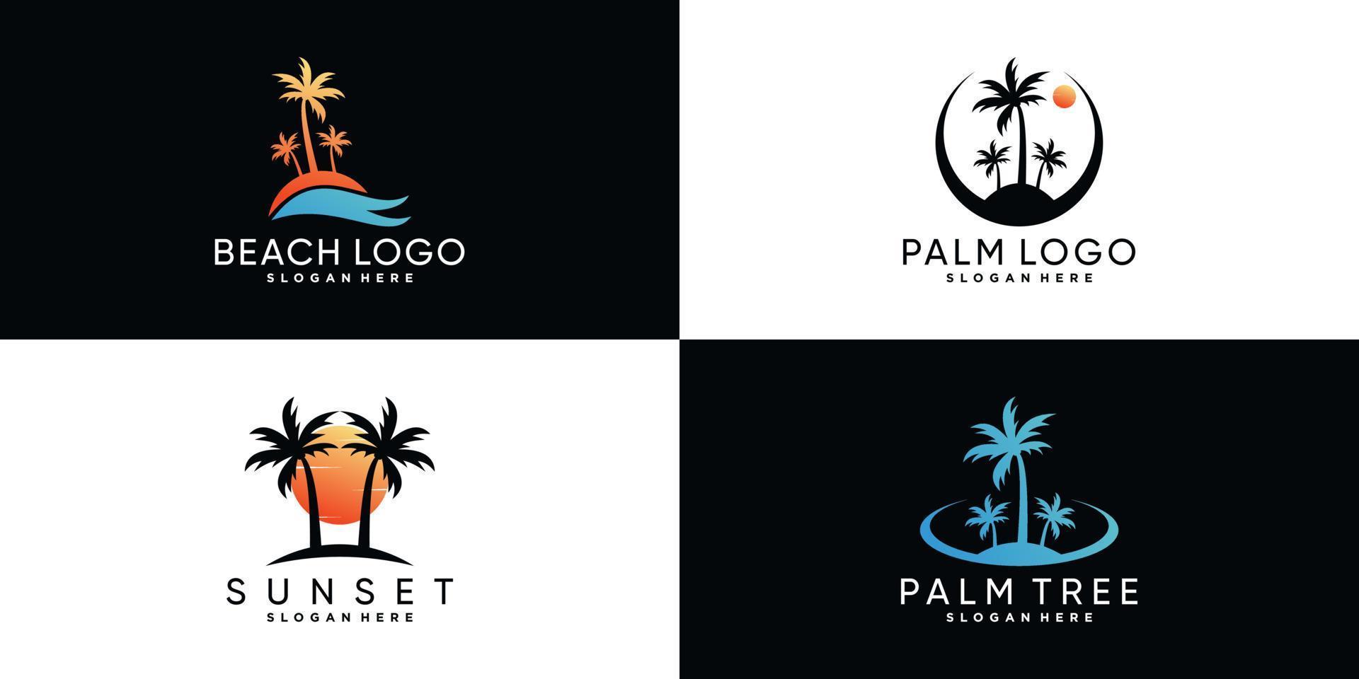 Palm tree o palm beach icon set logo design con elemento creativo vettore premium