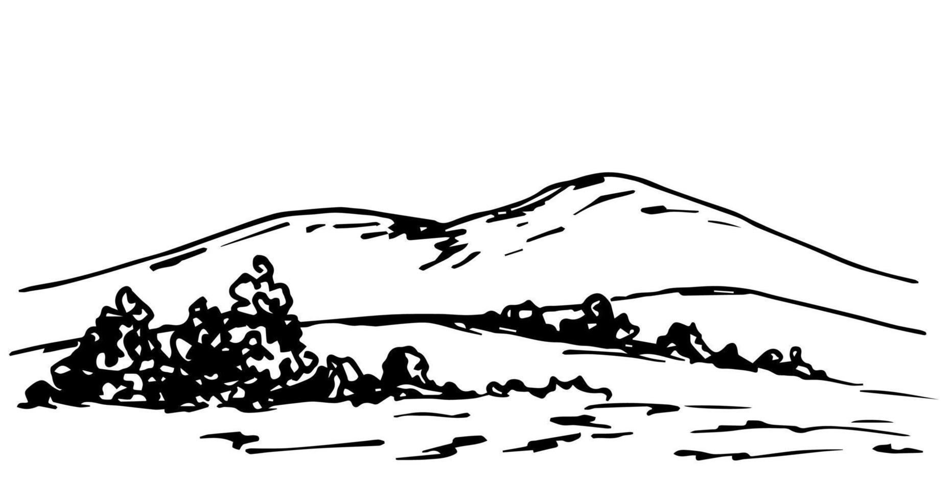 illustrazione vettoriale semplice disegnata a mano con contorno nero. paesaggio di montagna, fauna selvatica, terreno collinare, alberi.