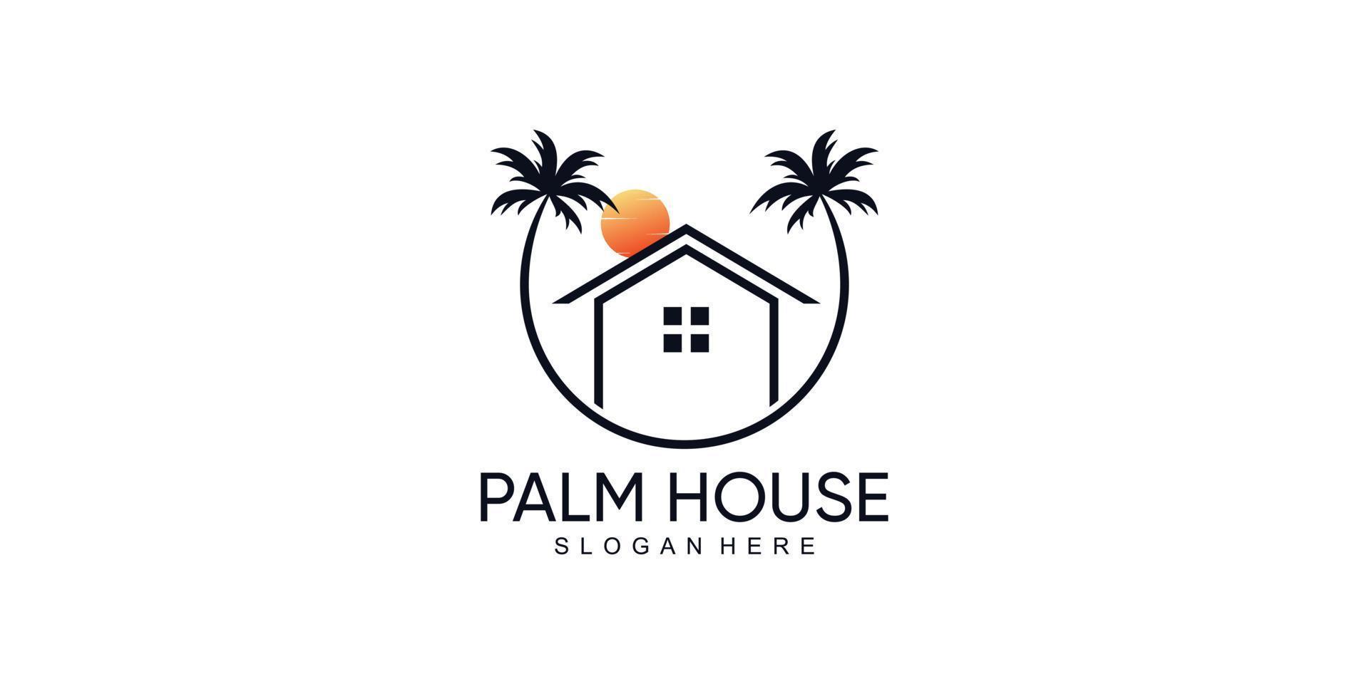 logo icona palma e casa con albero di cocco e vettore premium di concetto moderno