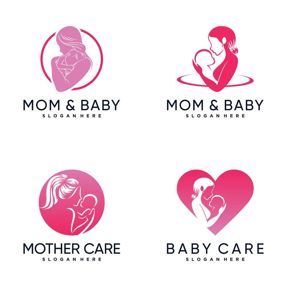 impostare il pacchetto di ispirazione per il design del logo di mamma e bambino con un vettore premium di concetto creativo