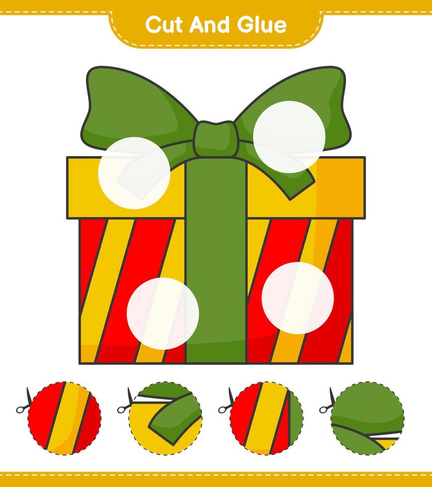 tagliare e incollare, tagliare parti della confezione regalo e incollarle. gioco educativo per bambini, foglio di lavoro stampabile, illustrazione vettoriale