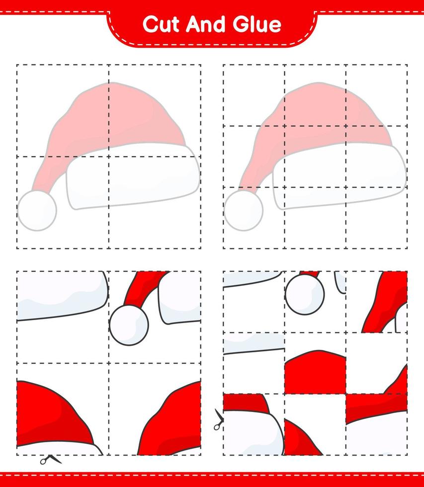 taglia e incolla, taglia parti del cappello di Babbo Natale e incollale. gioco educativo per bambini, foglio di lavoro stampabile, illustrazione vettoriale