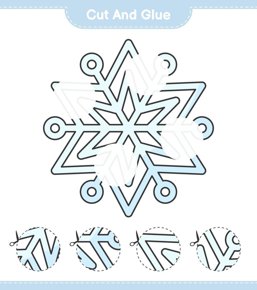 tagliare e incollare, tagliare parti di fiocco di neve e incollarle. gioco educativo per bambini, foglio di lavoro stampabile, illustrazione vettoriale