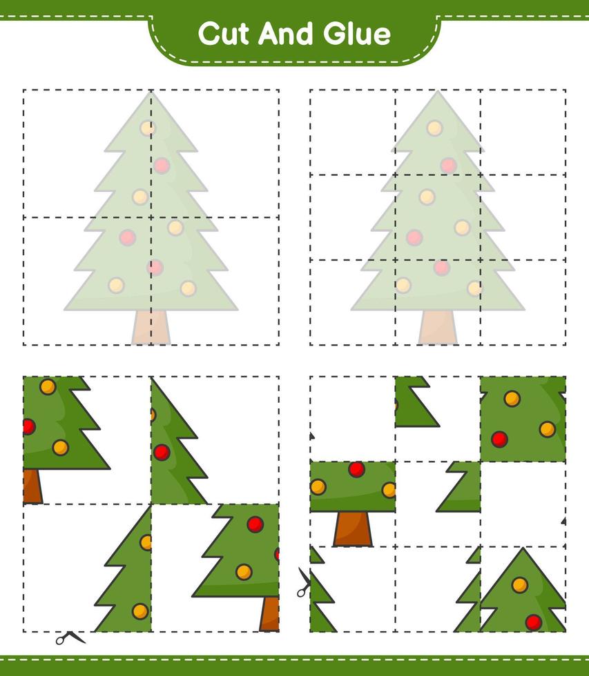 tagliare e incollare, tagliare parti dell'albero di Natale e incollarle. gioco educativo per bambini, foglio di lavoro stampabile, illustrazione vettoriale