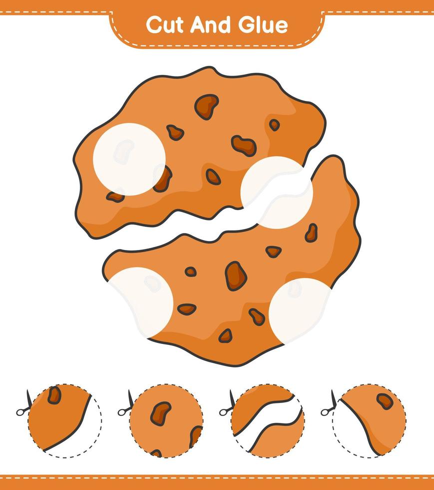 tagliare e incollare, tagliare parti di biscotto e incollarle. gioco educativo per bambini, foglio di lavoro stampabile, illustrazione vettoriale