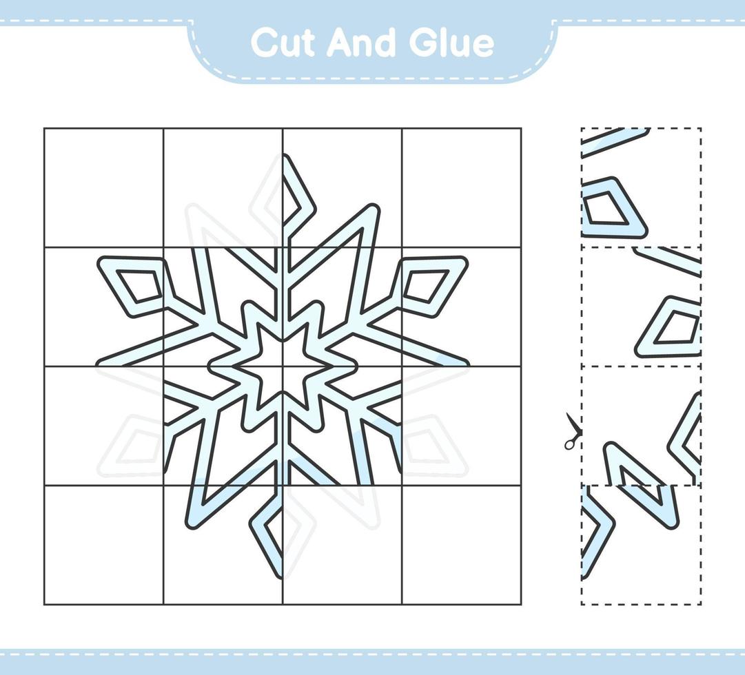 tagliare e incollare, tagliare parti di fiocco di neve e incollarle. gioco educativo per bambini, foglio di lavoro stampabile, illustrazione vettoriale