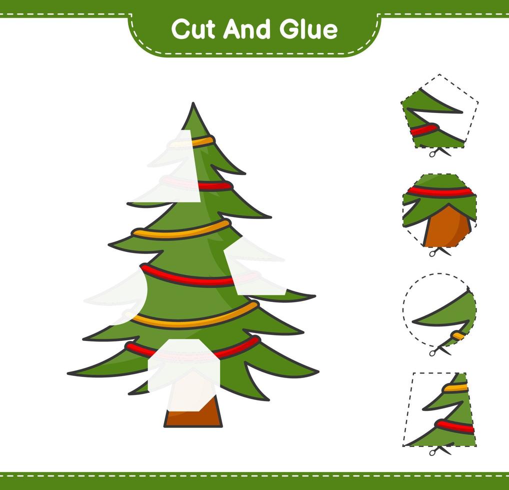 tagliare e incollare, tagliare parti dell'albero di Natale e incollarle. gioco educativo per bambini, foglio di lavoro stampabile, illustrazione vettoriale