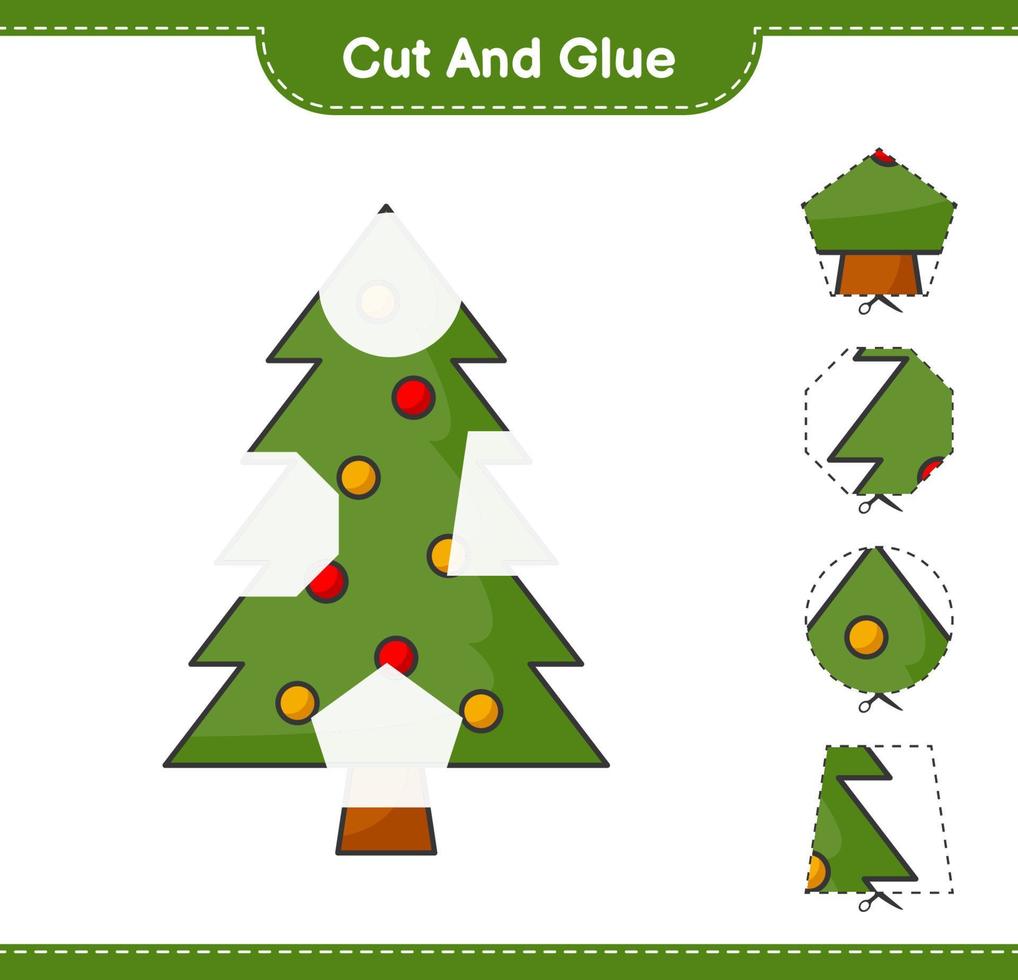 tagliare e incollare, tagliare parti dell'albero di Natale e incollarle. gioco educativo per bambini, foglio di lavoro stampabile, illustrazione vettoriale