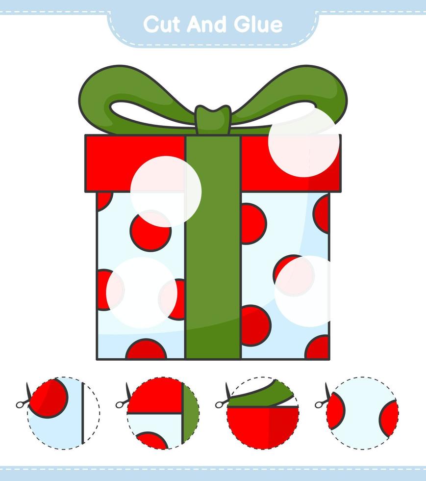 tagliare e incollare, tagliare parti della confezione regalo e incollarle. gioco educativo per bambini, foglio di lavoro stampabile, illustrazione vettoriale