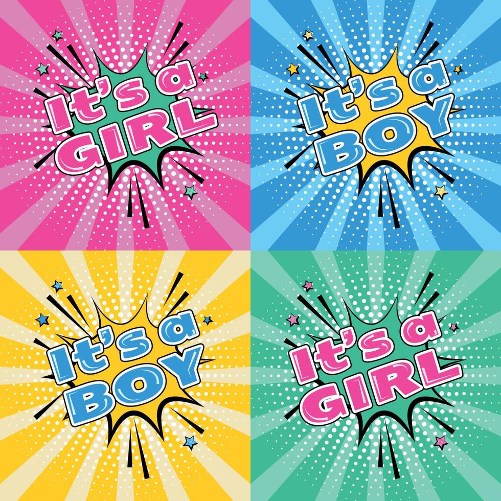 set di poster per baby shower. invito vettoriale in stile pop art. collezione di arrivo e doccia del bambino con scritte. è una ragazza, è un biglietto di auguri per un ragazzo.