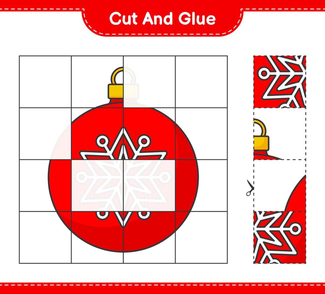 tagliare e incollare, tagliare parti della palla di Natale e incollarle. gioco educativo per bambini, foglio di lavoro stampabile, illustrazione vettoriale