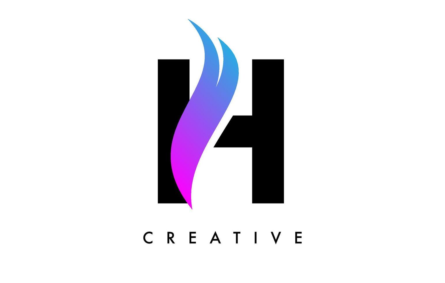 design dell'icona del logo della lettera h con swoosh viola e vettore creativo a forma di taglio curvo