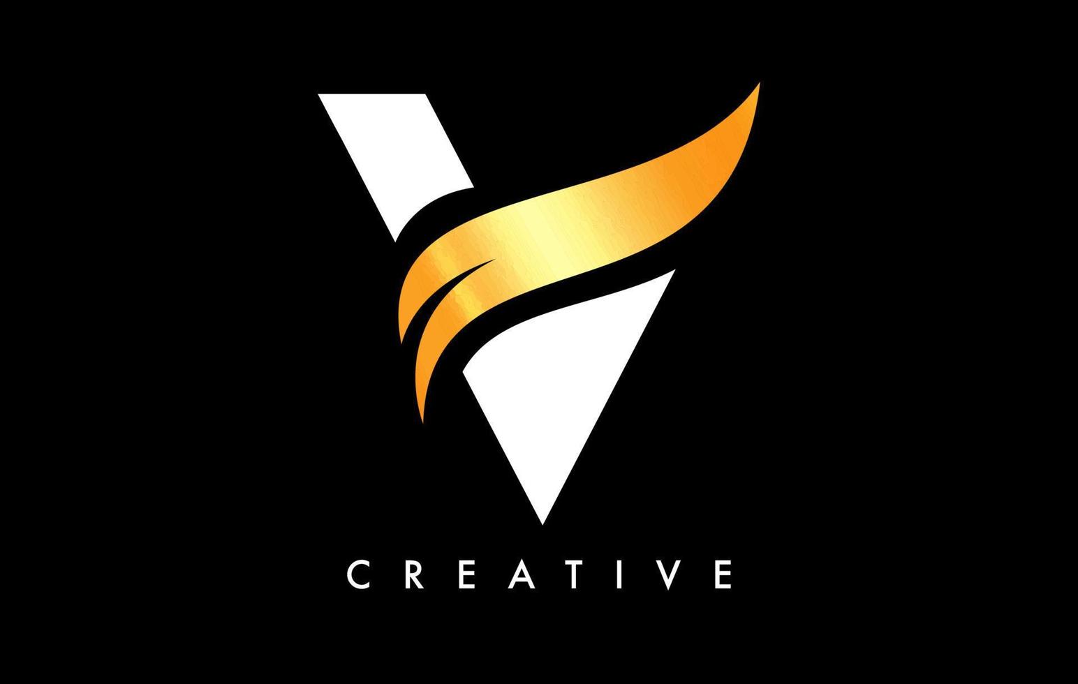 design dell'icona del logo della lettera v con swoosh dorato e vettore creativo a forma di taglio curvo