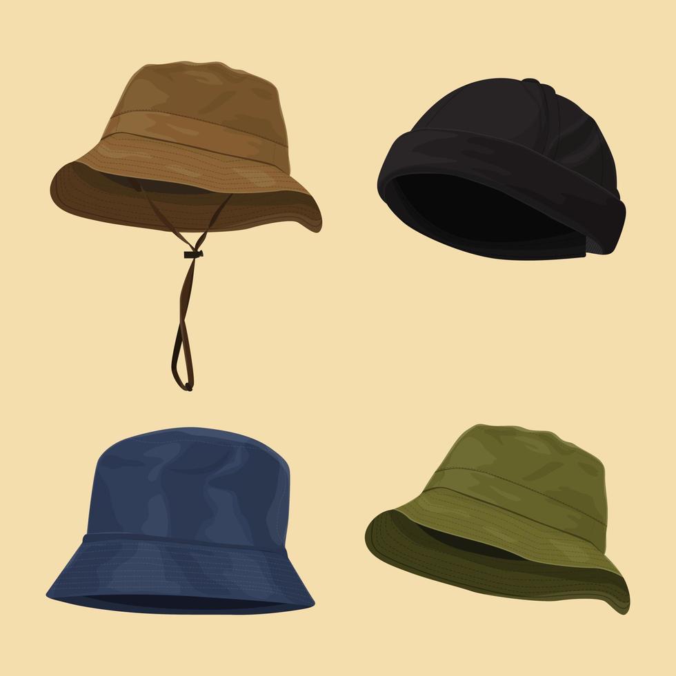 set di cappelli assortiti. modello di cappello. cappello da giungla, cappello da avventuriero, berretto. illustrazione vettoriale